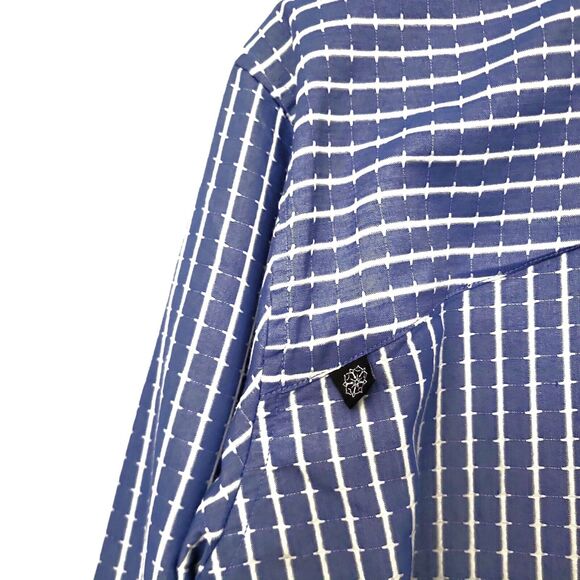 Rock Roll N Soul Shirt Men Large Blue White Button Flip Cuff Embroidered Striped - Picture 8 of 11